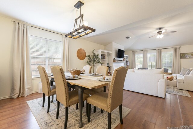 11862 Barkston, San Antonio, TX 78253 - dining area featuring wood finished floors, ceiling fan, and vaulted ceiling