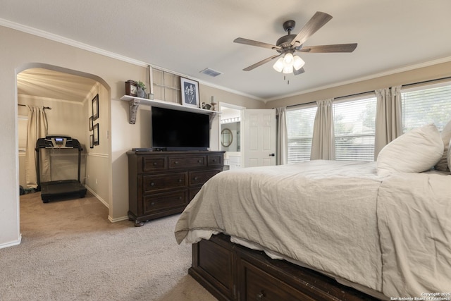 11862 Barkston, San Antonio, TX 78253 - bedroom featuring arched walkways, crown molding, light colored carpet, a ceiling fan, and ensuite bathroom
