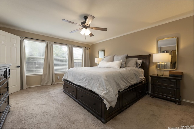 11862 Barkston, San Antonio, TX 78253 - bedroom featuring light carpet, ornamental molding, and ceiling fan