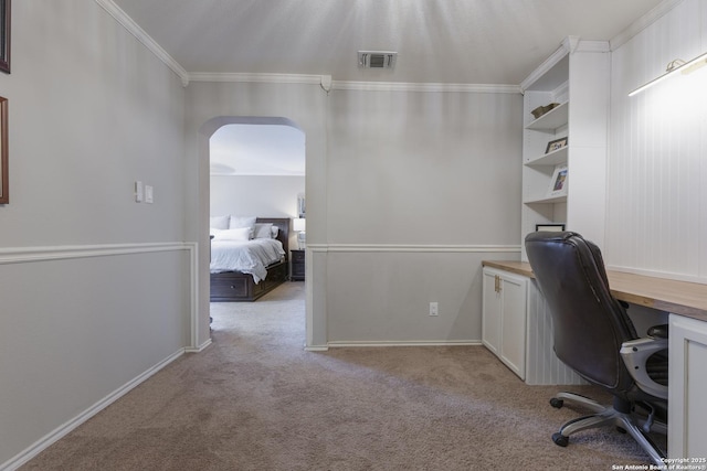 11862 Barkston, San Antonio, TX 78253 - office area featuring arched walkways, light carpet, and crown molding