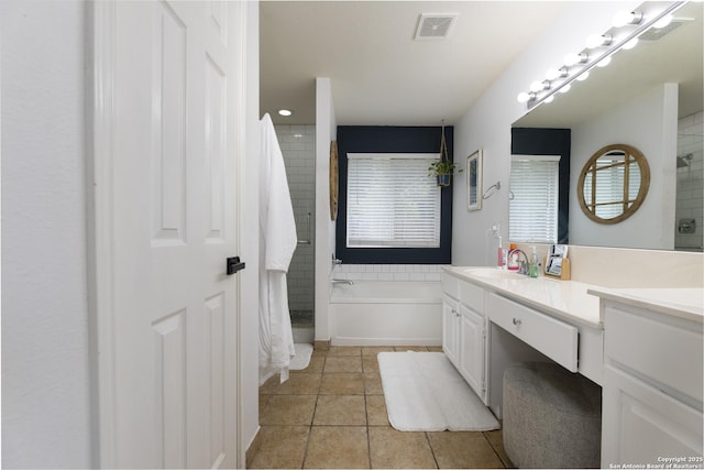 11862 Barkston, San Antonio, TX 78253 - bathroom with vanity, tile patterned flooring, a bath, and tiled shower