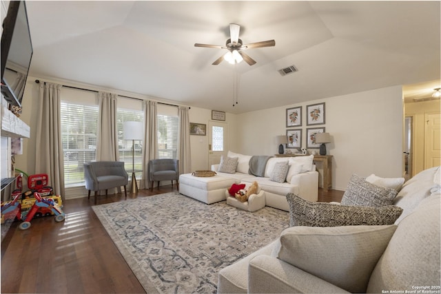 11862 Barkston, San Antonio, TX 78253 - living room with ceiling fan, dark wood-type flooring, and vaulted ceiling