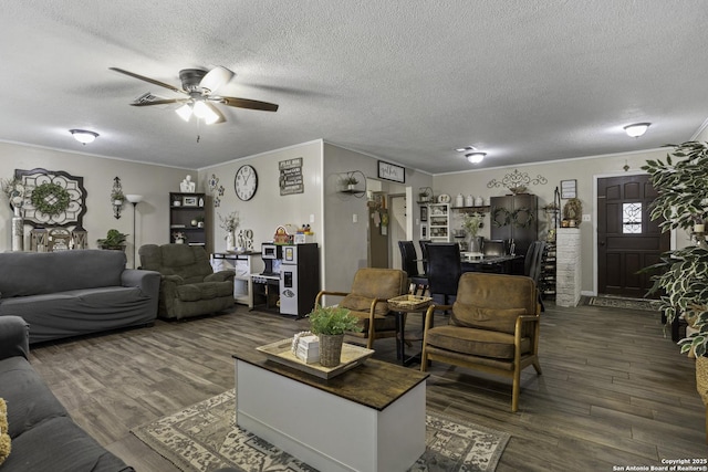 1245 Whitney, Pleasanton, TX 78064 - living area with a ceiling fan, wood finished floors, crown molding, and a textured ceiling