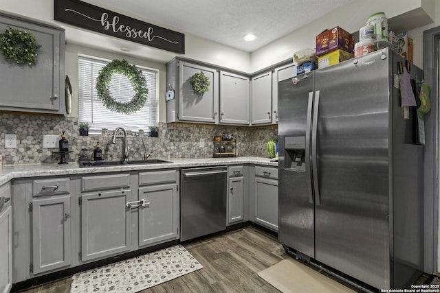 1245 Whitney, Pleasanton, TX 78064 - kitchen featuring stainless steel appliances, gray cabinets, dark wood finished floors, backsplash, and recessed lighting
