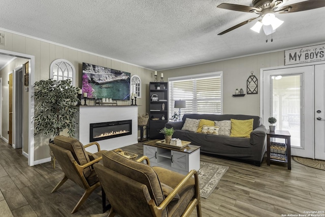 1245 Whitney, Pleasanton, TX 78064 - living room with wood finished floors, ornamental molding, a glass covered fireplace, ceiling fan, and a textured ceiling
