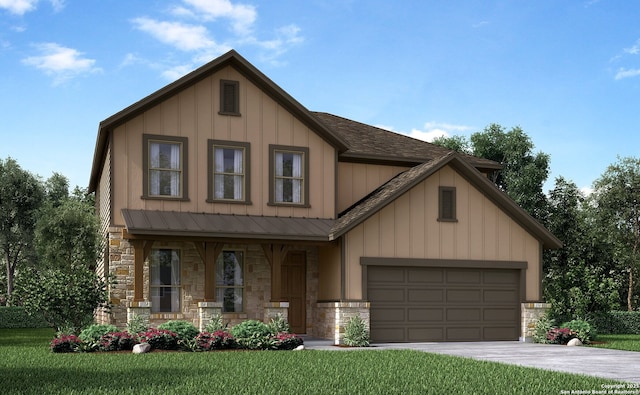 959 Earp Blvd, San Antonio, TX 78260 - view of front of house featuring stone siding, covered porch, board and batten siding, and a front lawn