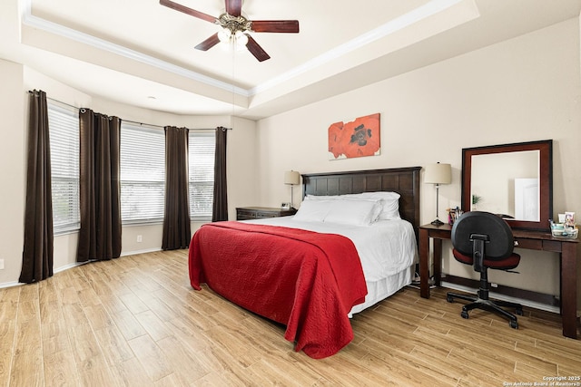435 Red Quill Nest, San Antonio, TX 78253 - bedroom with a tray ceiling, crown molding, light wood finished floors, and ceiling fan