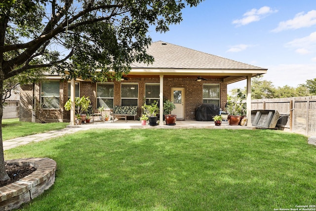 435 Red Quill Nest, San Antonio, TX 78253 - back of property featuring a patio area, brick siding, ceiling fan, and a shingled roof