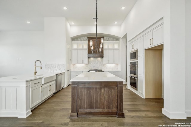 409 Dulce Vis, Boerne, TX 78006 - kitchen featuring appliances with stainless steel finishes, a peninsula, backsplash, premium range hood, and white cabinetry