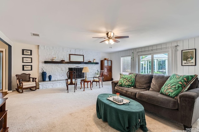 547 Patricia, San Antonio, TX 78216 - carpeted living area with a ceiling fan and a fireplace
