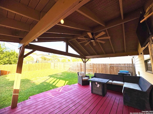 5742 Butch Cyn, San Antonio, TX 78252 - wooden terrace featuring a fenced backyard, ceiling fan, outdoor lounge area, and a gazebo