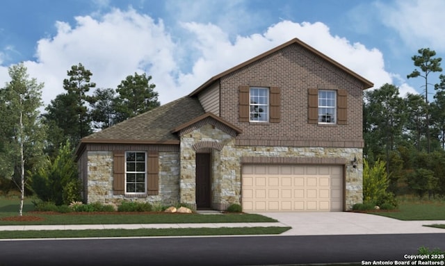6651 Comanche Vly, San Antonio, TX 78233 - view of front of property featuring stone siding, concrete driveway, an attached garage, and brick siding