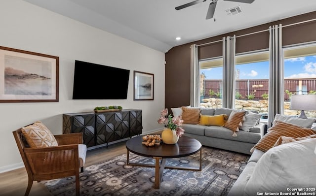 6651 Comanche Vly, San Antonio, TX 78233 - living room featuring wood finished floors, ceiling fan, and recessed lighting