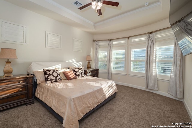 12 Denbury Gln, San Antonio, TX 78257 - bedroom featuring crown molding, carpet floors, a tray ceiling, and a ceiling fan