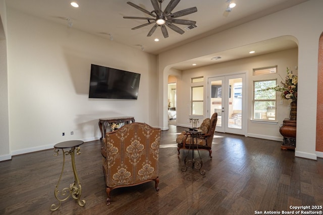 12 Denbury Gln, San Antonio, TX 78257 - living room featuring arched walkways, french doors, ceiling fan, wood finished floors, and recessed lighting