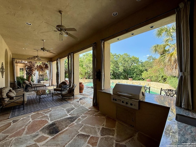 107 Geddington, Shavano Park, TX 78249 - view of patio featuring a ceiling fan, an outdoor living space, and area for grilling