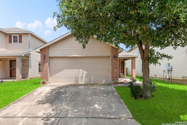 9218 Pacific Maple, San Antonio, TX 78254 - view of front of home featuring brick siding, driveway, a front yard, and an attached garage