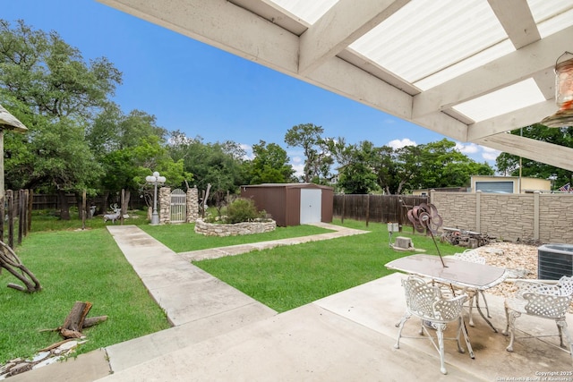 2743 Fairview, Canyon Lake, TX 78133 - fenced backyard featuring a storage shed and a patio area