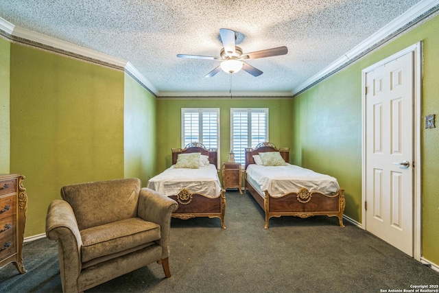 2102 Border Ml, San Antonio, TX 78230 - carpeted bedroom featuring ornamental molding, a textured ceiling, and ceiling fan