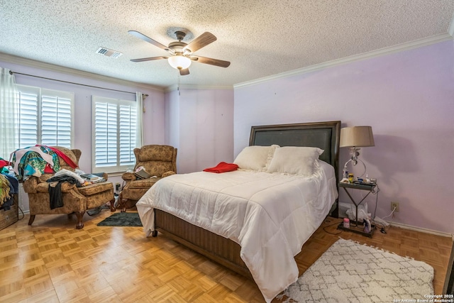 2102 Border Ml, San Antonio, TX 78230 - bedroom with ornamental molding, a textured ceiling, and ceiling fan