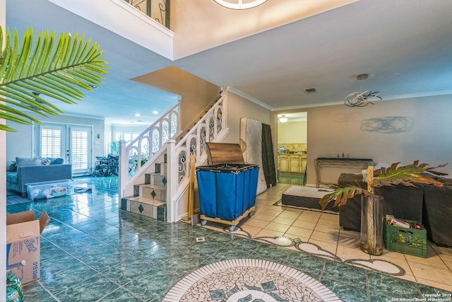 2102 Border Ml, San Antonio, TX 78230 - living room featuring tile patterned floors, stairs, ornamental molding, and french doors