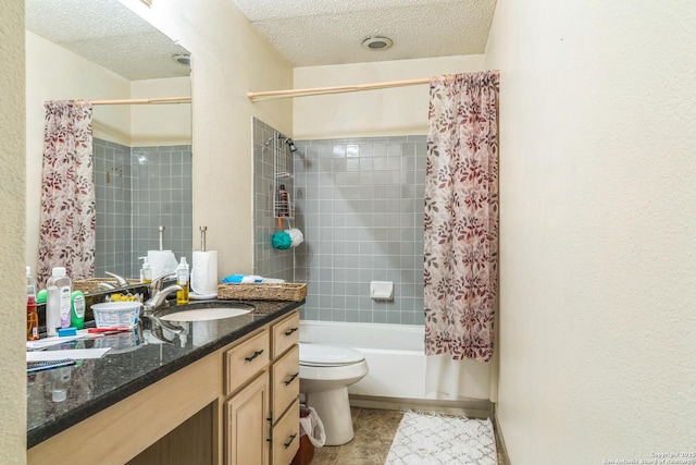 2102 Border Ml, San Antonio, TX 78230 - bathroom with vanity, a textured ceiling, shower / tub combo with curtain, and tile patterned flooring