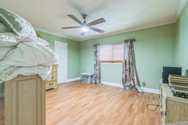 2102 Border Ml, San Antonio, TX 78230 - bedroom featuring a textured ceiling, light wood-type flooring, crown molding, and ceiling fan