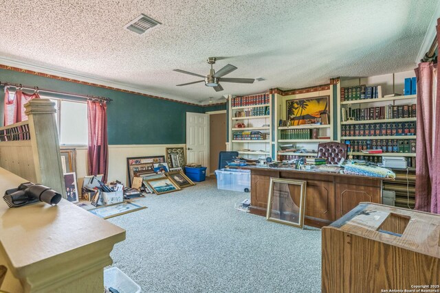 2102 Border Ml, San Antonio, TX 78230 - office area featuring ceiling fan, carpet, a textured ceiling, and crown molding