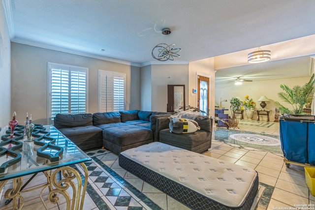 2102 Border Ml, San Antonio, TX 78230 - tiled living room featuring crown molding and a ceiling fan