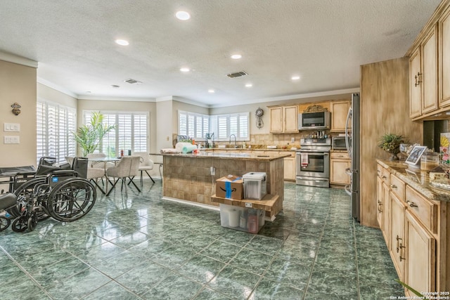 2102 Border Ml, San Antonio, TX 78230 - kitchen featuring stainless steel appliances, ornamental molding, plenty of natural light, a center island, and a textured ceiling