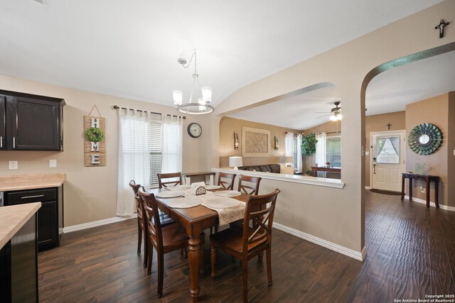 10410 Appaloosa Bay, San Antonio, TX 78254 - dining area featuring dark wood-type flooring, healthy amount of natural light, lofted ceiling, and arched walkways