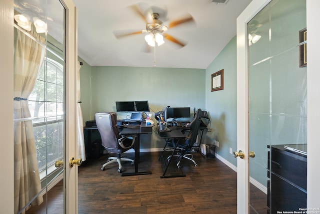 10410 Appaloosa Bay, San Antonio, TX 78254 - office featuring french doors, a ceiling fan, wood finished floors, and lofted ceiling