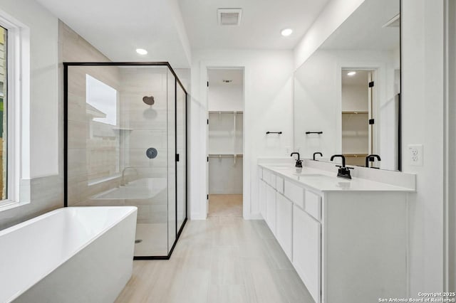 233 Alpine, New Braunfels, TX 78130 - full bath with a walk in closet, a freestanding bath, a stall shower, double vanity, and recessed lighting