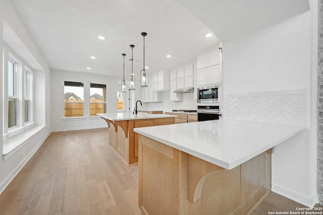 233 Alpine, New Braunfels, TX 78130 - kitchen featuring stainless steel appliances, recessed lighting, light wood-style floors, a kitchen breakfast bar, and an island with sink