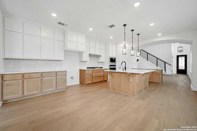 233 Alpine, New Braunfels, TX 78130 - kitchen with stainless steel appliances, an island with sink, light wood finished floors, backsplash, and recessed lighting