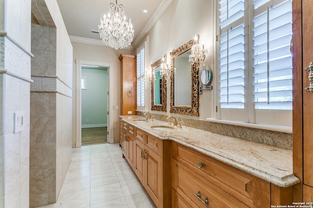 600 Thelma, Olmos Park, TX 78212 - full bath with crown molding, tile patterned flooring, double vanity, and a chandelier