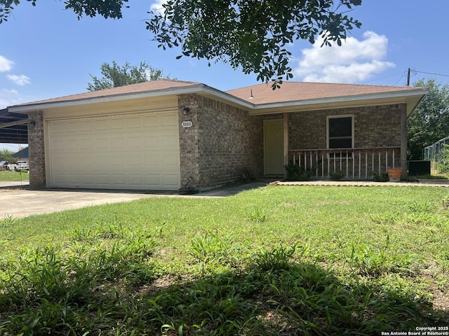 1503 Jami, Pleasanton, TX 78064 - ranch-style house featuring a garage, brick siding, a front yard, driveway, and covered porch