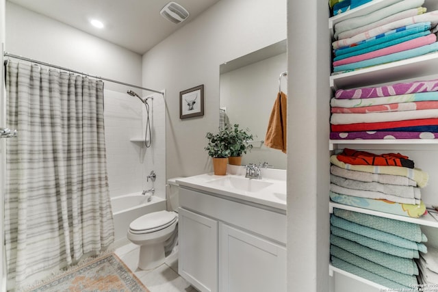 29125 Rock Cyn, Bulverde, TX 78163 - bathroom with shower / tub combo with curtain, vanity, and tile patterned floors