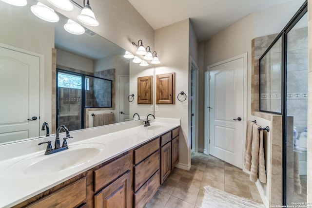 1777 Crossbow, Canyon Lake, TX 78133 - full bathroom with double vanity, a shower stall, and tile patterned flooring