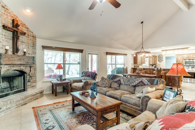 1777 Crossbow, Canyon Lake, TX 78133 - living area with ceiling fan, light tile patterned floors, plenty of natural light, and a fireplace