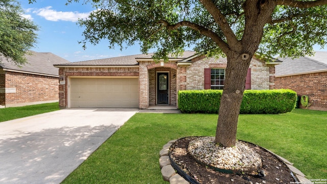 8023 Jalane Oaks, San Antonio, TX 78255 - view of front facade with an attached garage, brick siding, a front yard, driveway, and roof with shingles