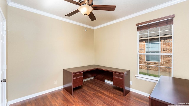 8023 Jalane Oaks, San Antonio, TX 78255 - unfurnished office with dark wood-style flooring, ornamental molding, and ceiling fan