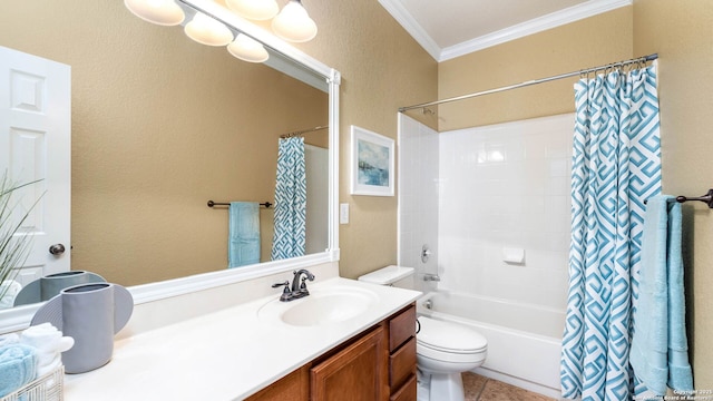 8023 Jalane Oaks, San Antonio, TX 78255 - bathroom featuring ornamental molding, vanity, shower / bathtub combination with curtain, and a textured wall