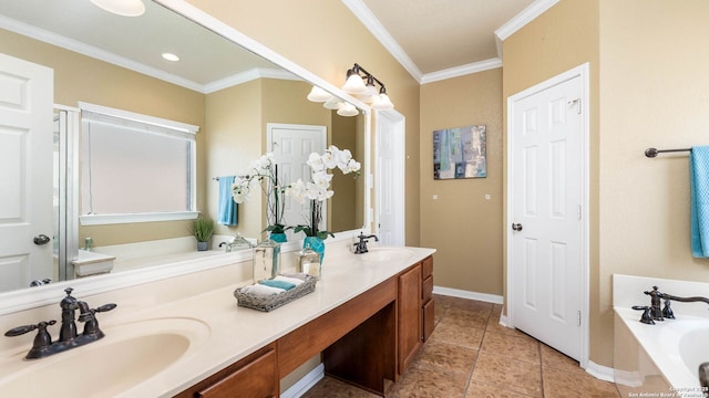 8023 Jalane Oaks, San Antonio, TX 78255 - full bath with a bath, double vanity, crown molding, and tile patterned floors