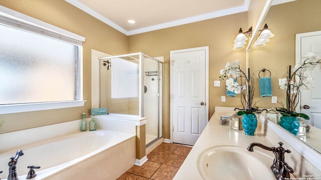 8023 Jalane Oaks, San Antonio, TX 78255 - bathroom with a stall shower, a bath, double vanity, crown molding, and tile patterned floors