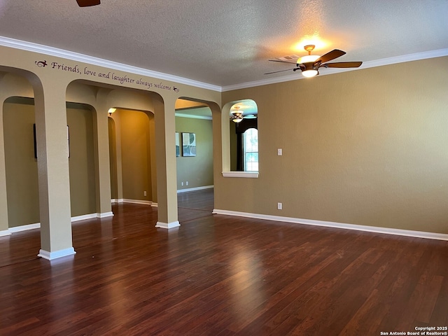 8023 Jalane Oaks, San Antonio, TX 78255 - spare room featuring a ceiling fan, crown molding, wood finished floors, arched walkways, and a textured ceiling