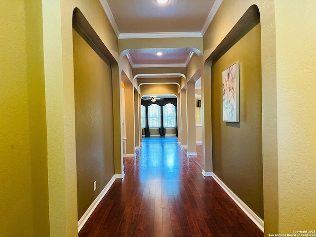 8023 Jalane Oaks, San Antonio, TX 78255 - corridor with arched walkways, ornamental molding, wood-type flooring, and a textured wall