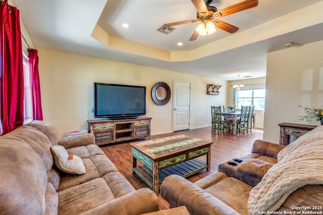 812 Riviere, Falls City, TX 78113 - living area with ceiling fan, wood finished floors, a chandelier, and recessed lighting