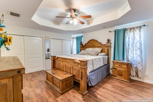 812 Riviere, Falls City, TX 78113 - bedroom with a raised ceiling, two closets, multiple windows, and light wood finished floors