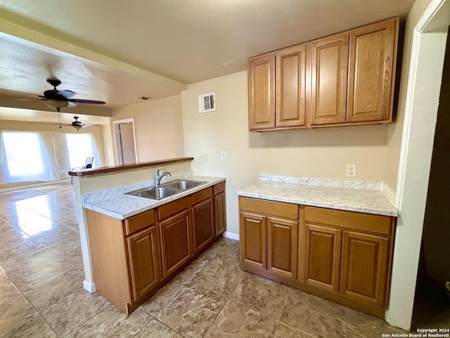 806 Ceralvo, San Antonio, TX 78207 - kitchen with light countertops, brown cabinetry, a ceiling fan, and a peninsula